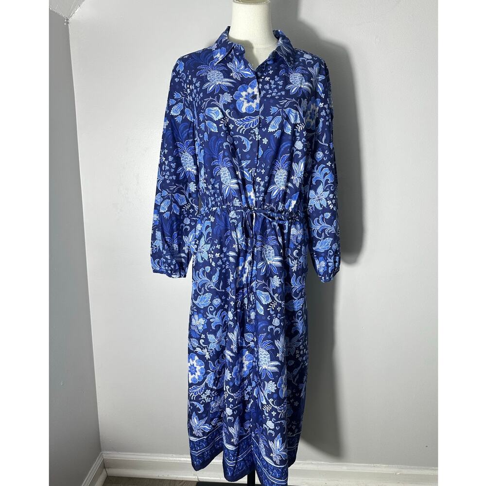 Talbots 100% Cotton Tie Waist Shirtdress Whimsical Floral Blue Midi Dress Sz 12